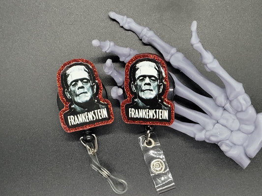 Red Glitter Acrylic Badge Reel Frankenstein