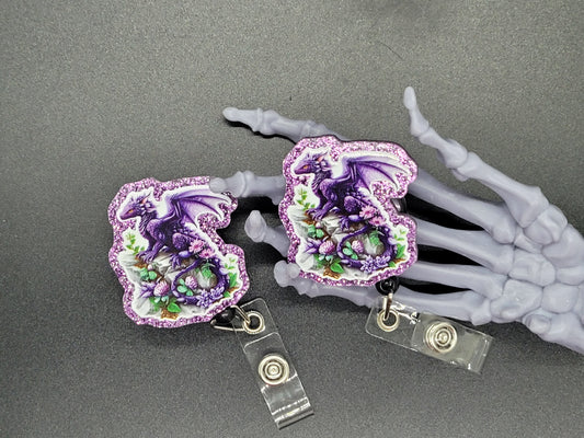 Purple Glitter Acrylic Badge Reel Dragon