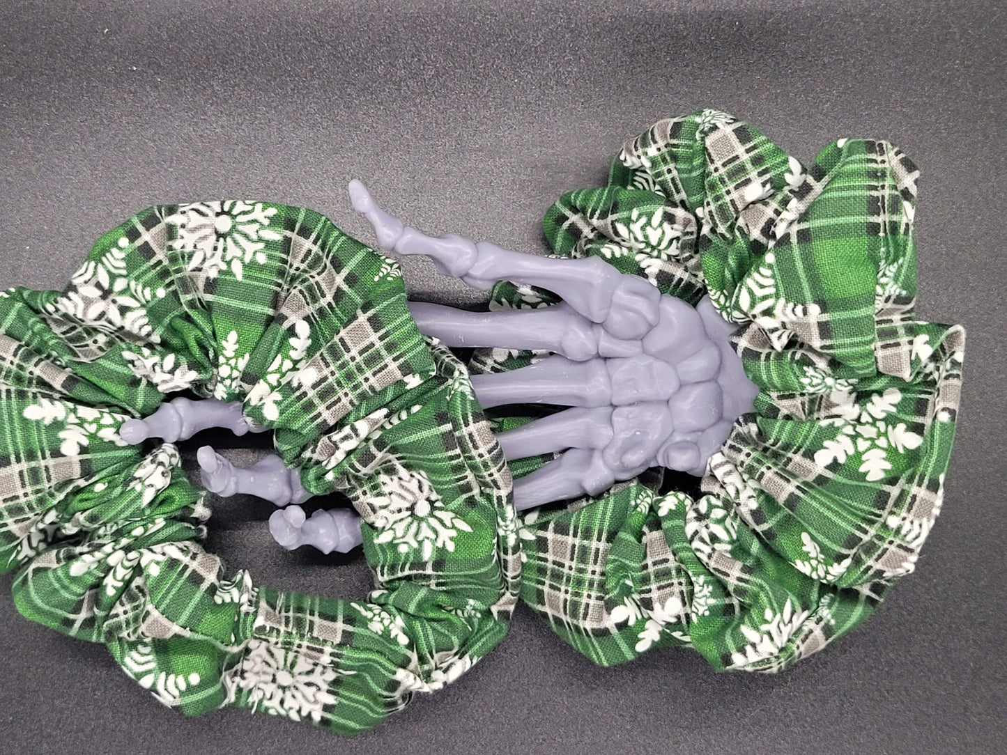Green Snowflake Plaid Christmas Themed 100% Cotton and Elastic Hair Tie Scrunchie