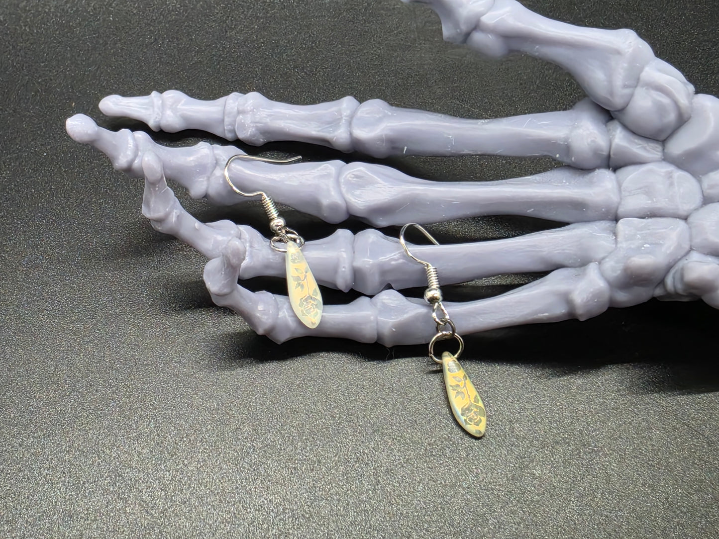 Dainty Uranium Glass Drop Earrings Etched Roses Drop 8