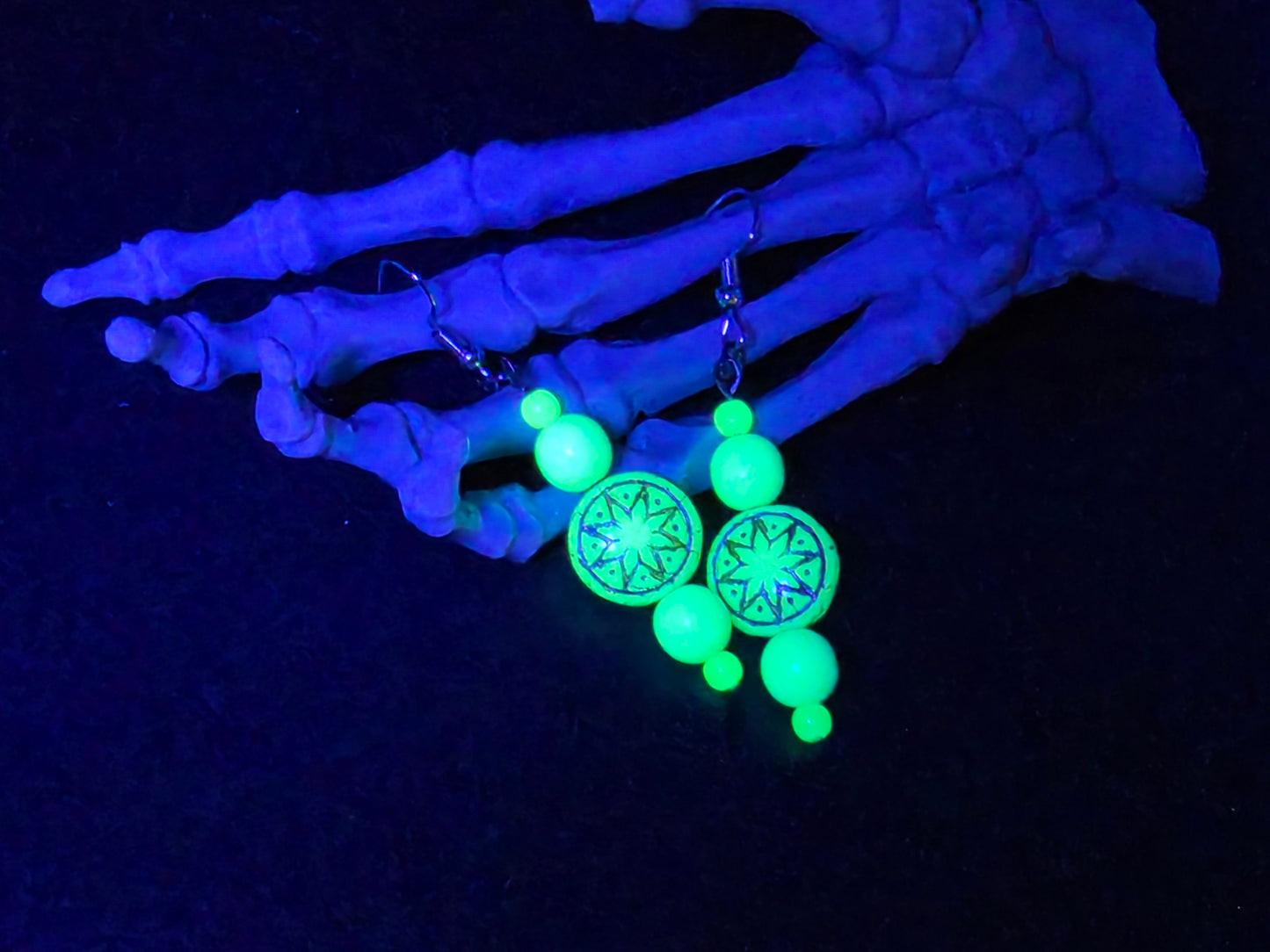 Uranium Glass Dangle Earrings Star Coin