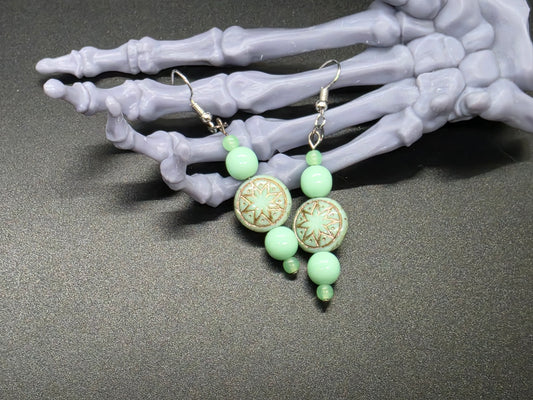 Uranium Glass Dangle Earrings Star Coin