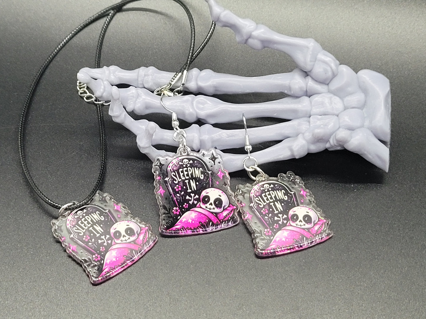Sleeping In Skeleton Resin Earrings Necklace Valloween