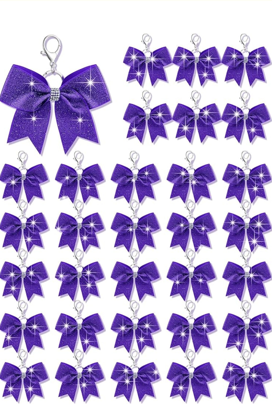 Purse Charm Purple Glitter Cheer Bow Style Rhinestone Clip