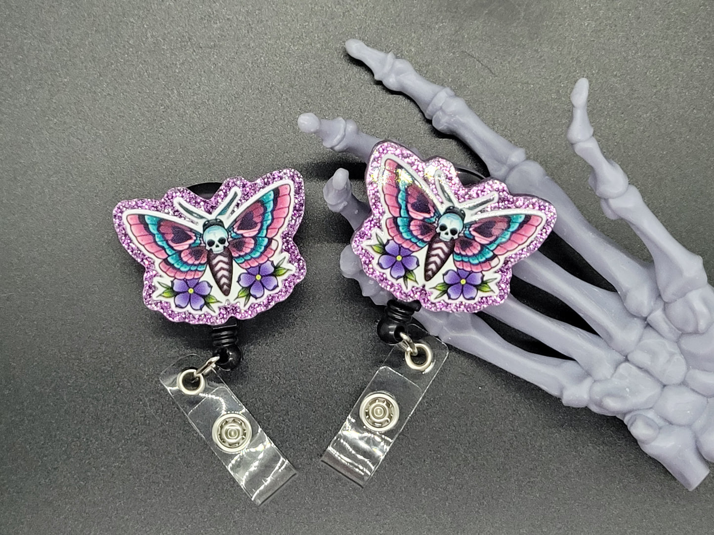 Purple Glitter Acrylic Badge Reel Deathhead Moth