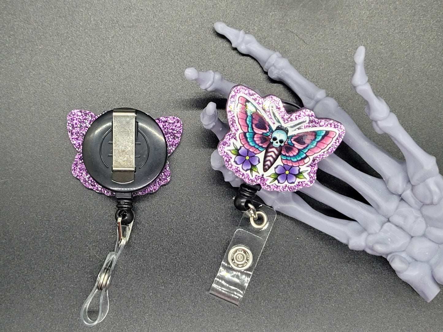 Purple Glitter Acrylic Badge Reel Deathhead Moth