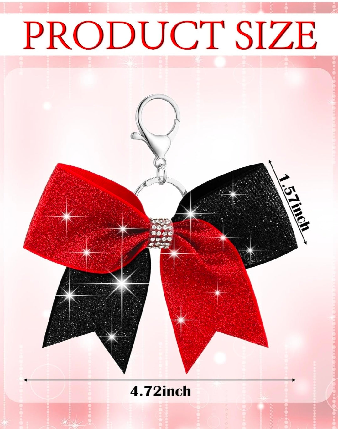 Purse Charm Black and Red Glitter Cheer Bow Style Rhinestone Clip