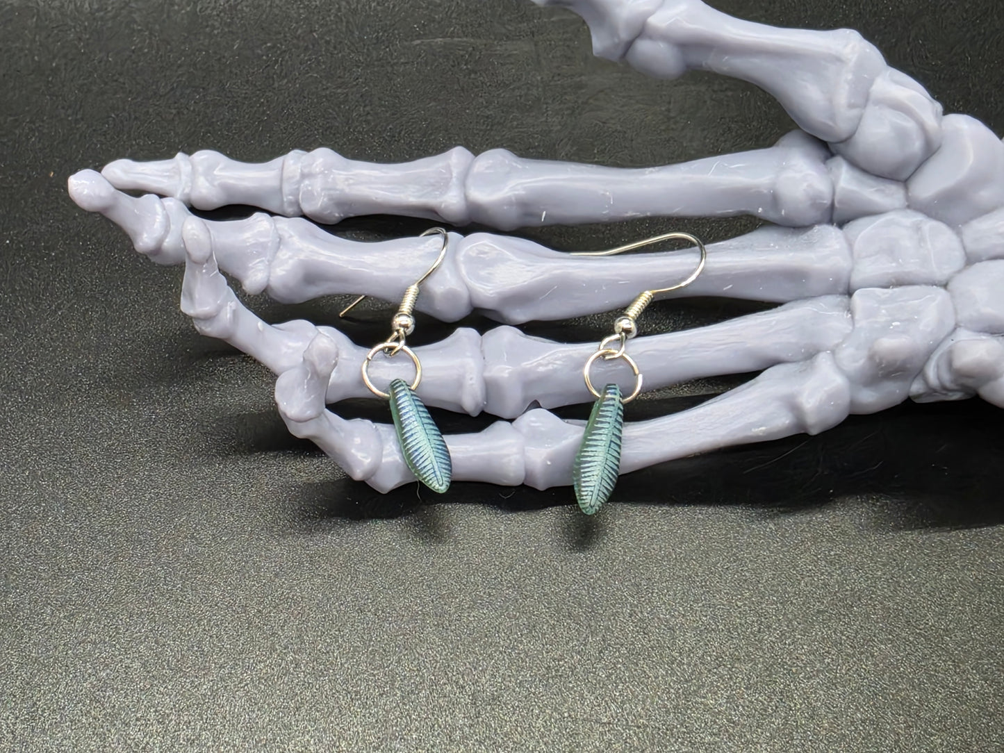 Dainty Uranium Glass Drop Earrings Etched Feather Drop 9