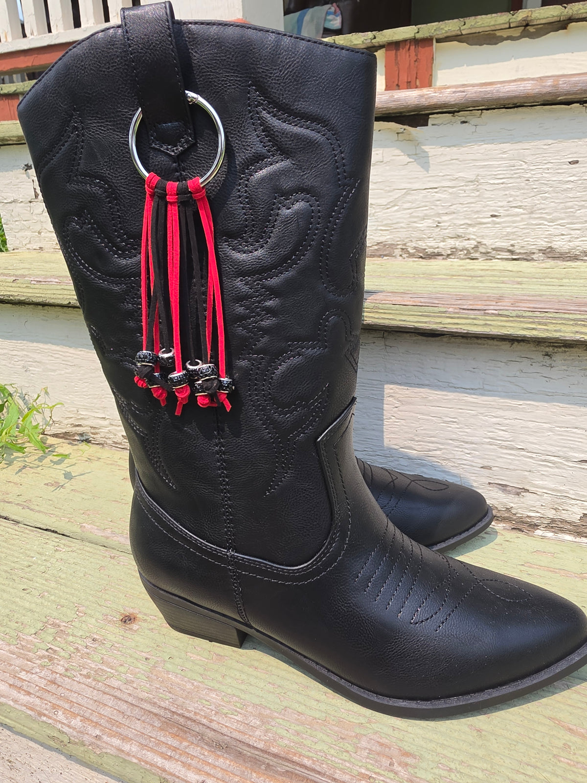 Red and Black Western Gothic Boot Fringe Bag Charm Key Chain Clips