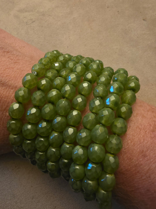 Vintage Czech Glass Stretch Bracelet 8mm Olive Opal