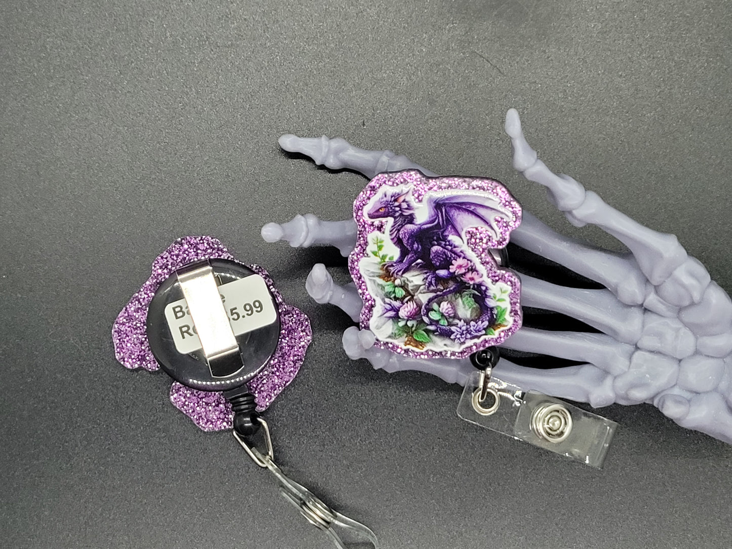 Purple Glitter Acrylic Badge Reel Dragon