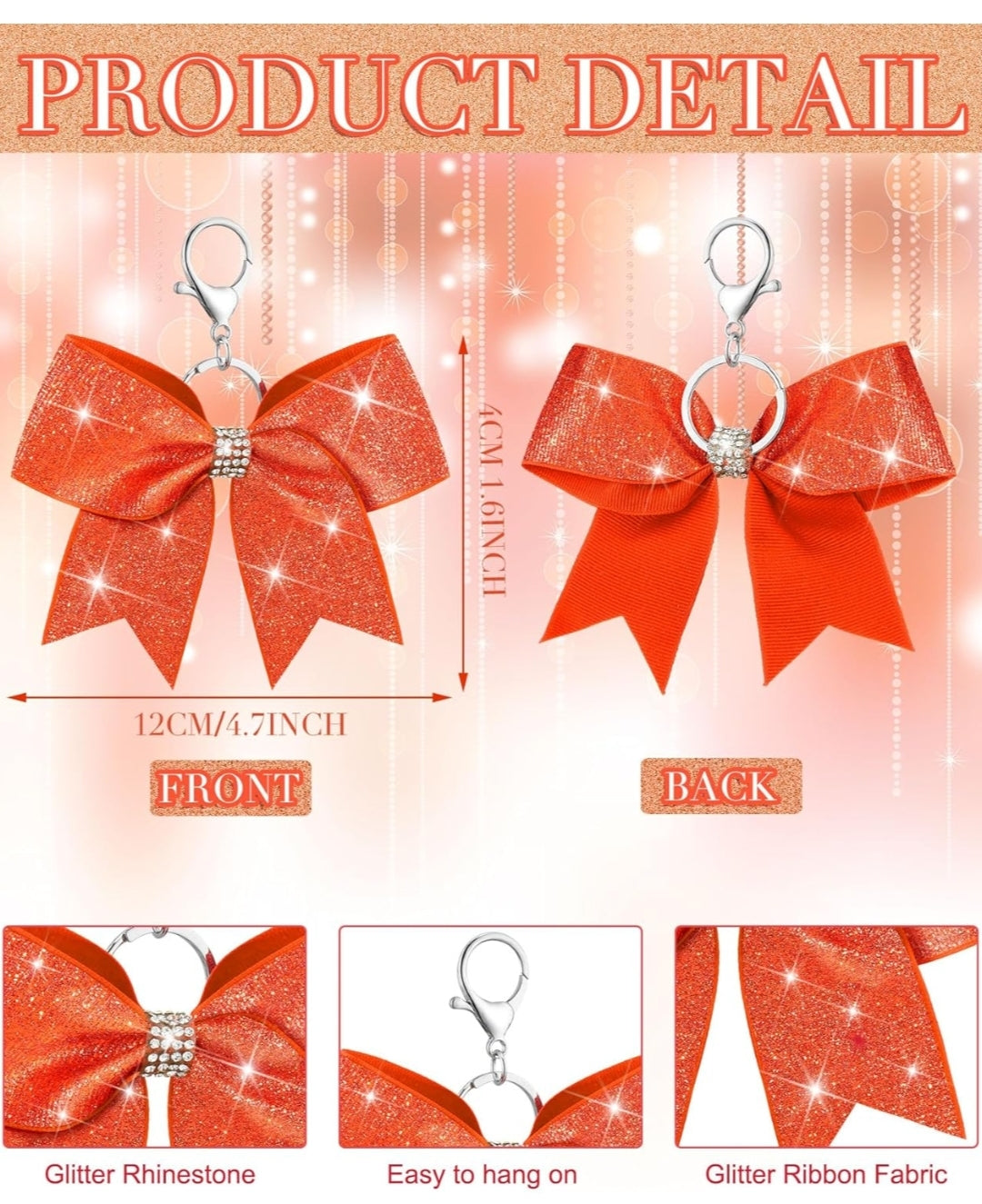 Purse Charm Orange Glitter Cheer Bow Style Rhinestone Clip