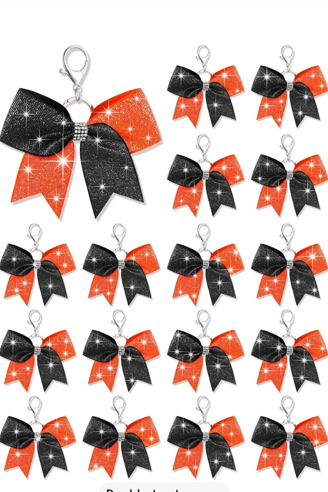 Purse Charm Black and Orange Glitter Cheer Bow Style Rhinestone Clip