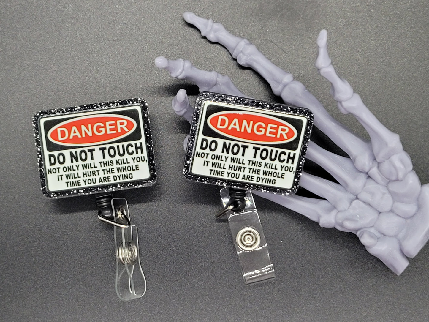 Black Warning Glitter Acrylic Badge Reel