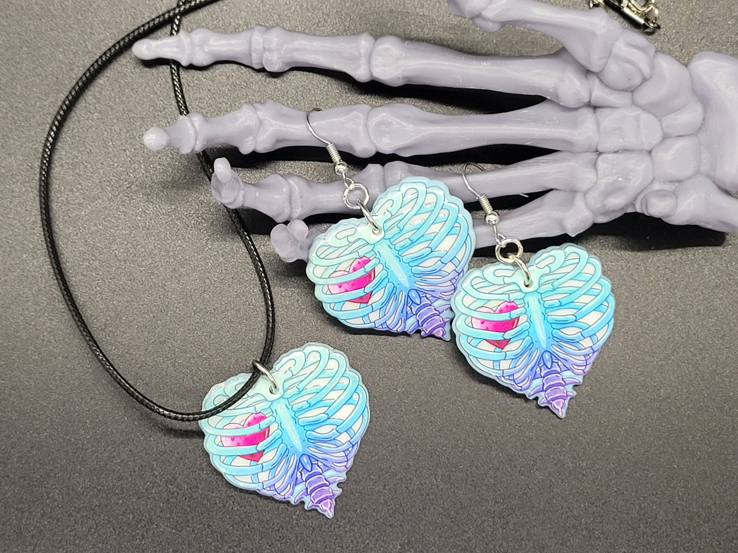 Ribcage Heart Valentine Resin Earrings Necklace Valloween