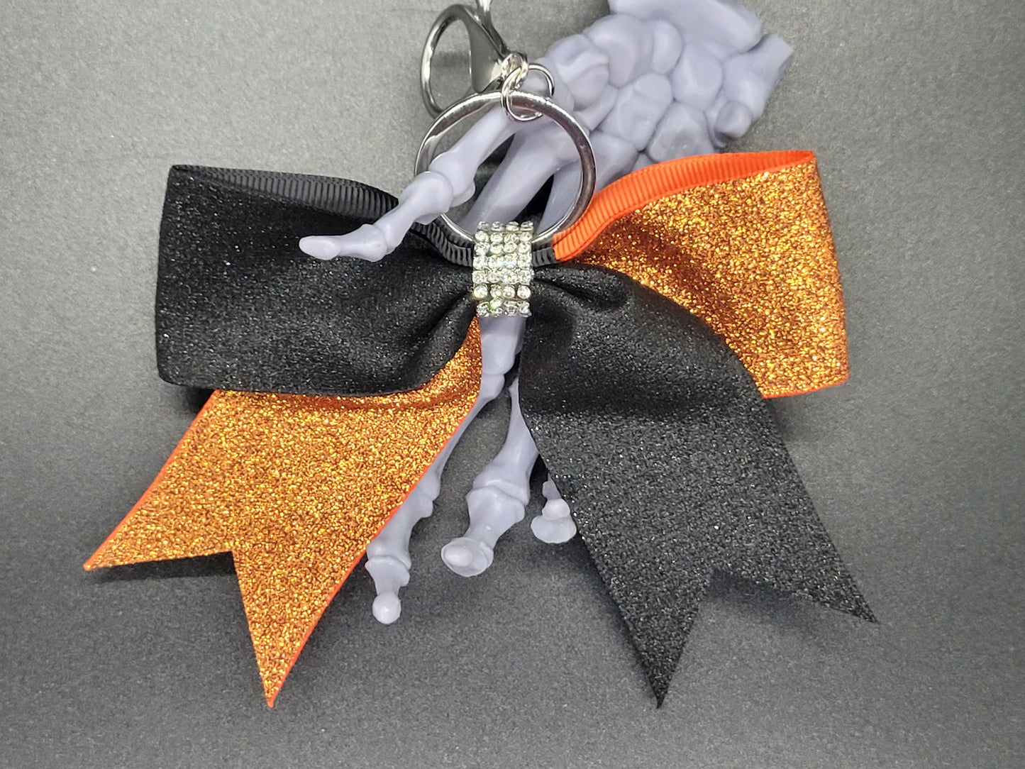 Purse Charm Black and Orange Glitter Cheer Bow Style Rhinestone Clip