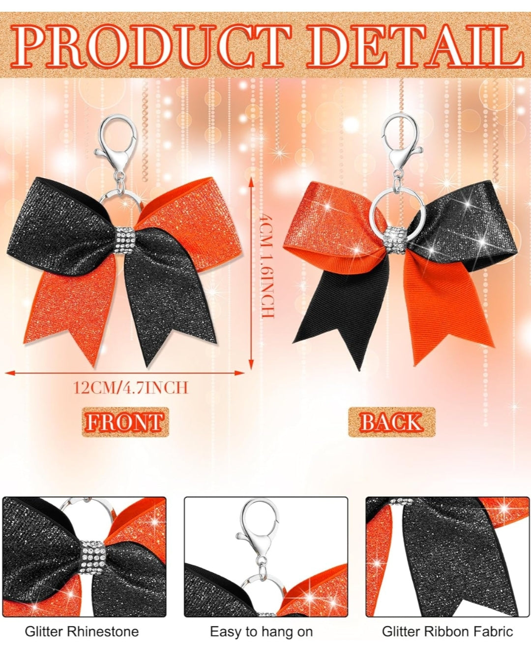 Purse Charm Black and Orange Glitter Cheer Bow Style Rhinestone Clip