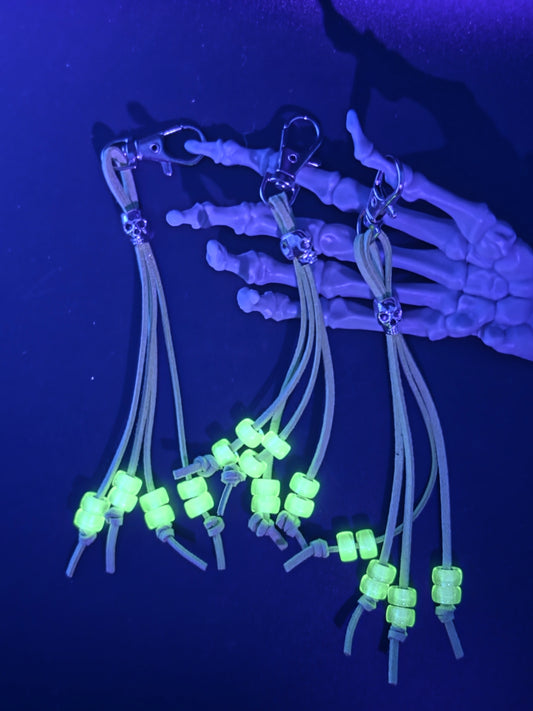 Uranium Glass Beaded Keychain Green Faux Leather