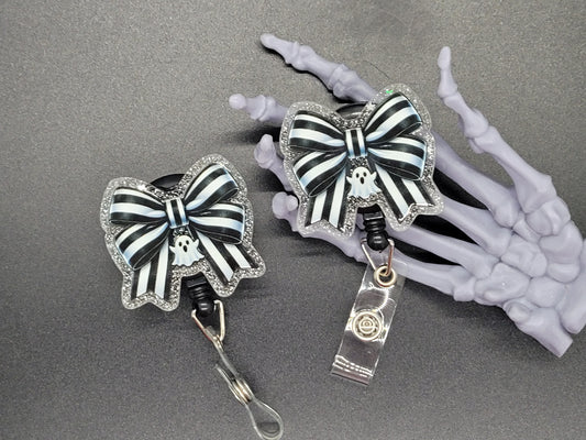 Silver Glitter Acrylic Badge Reel Ghost Bow